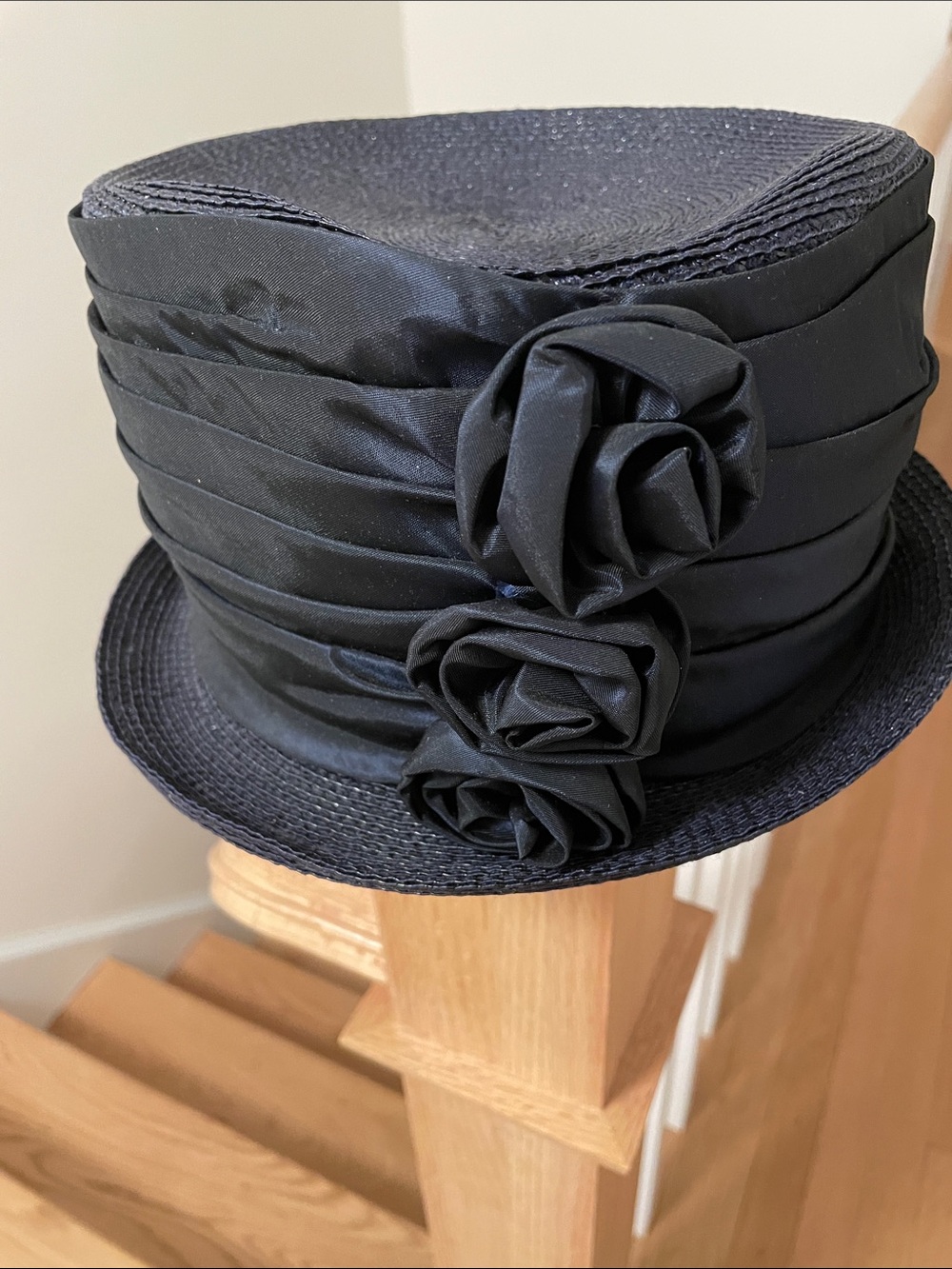 Navy Blue Structured Dress Hat with Rosette Trim